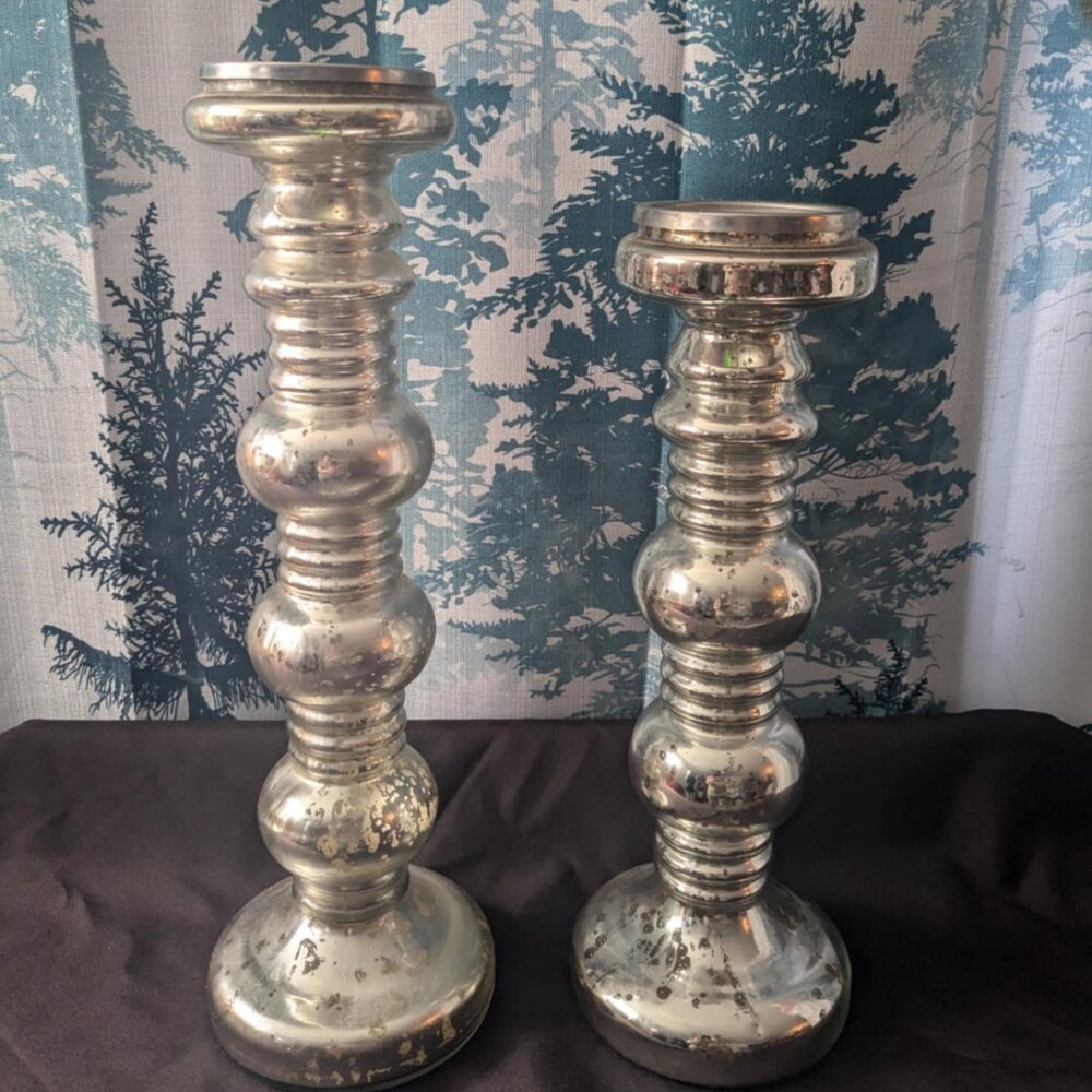 Pair of Mercury Glass Silver Candlesticks – Large Elegant Home Decor Accent Set
